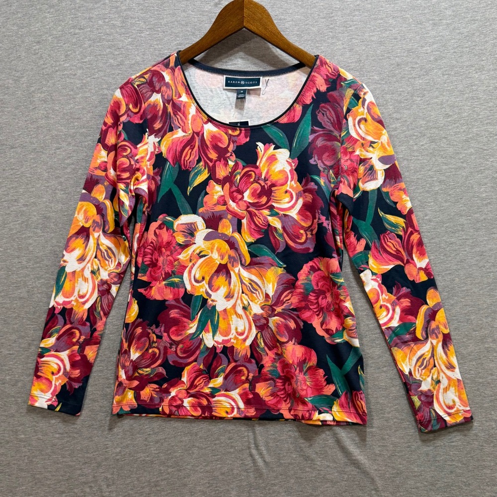 Karen Scott Floral Top Womens XS Intrepid Blue Long Sleeve Scoop Neck Coquette